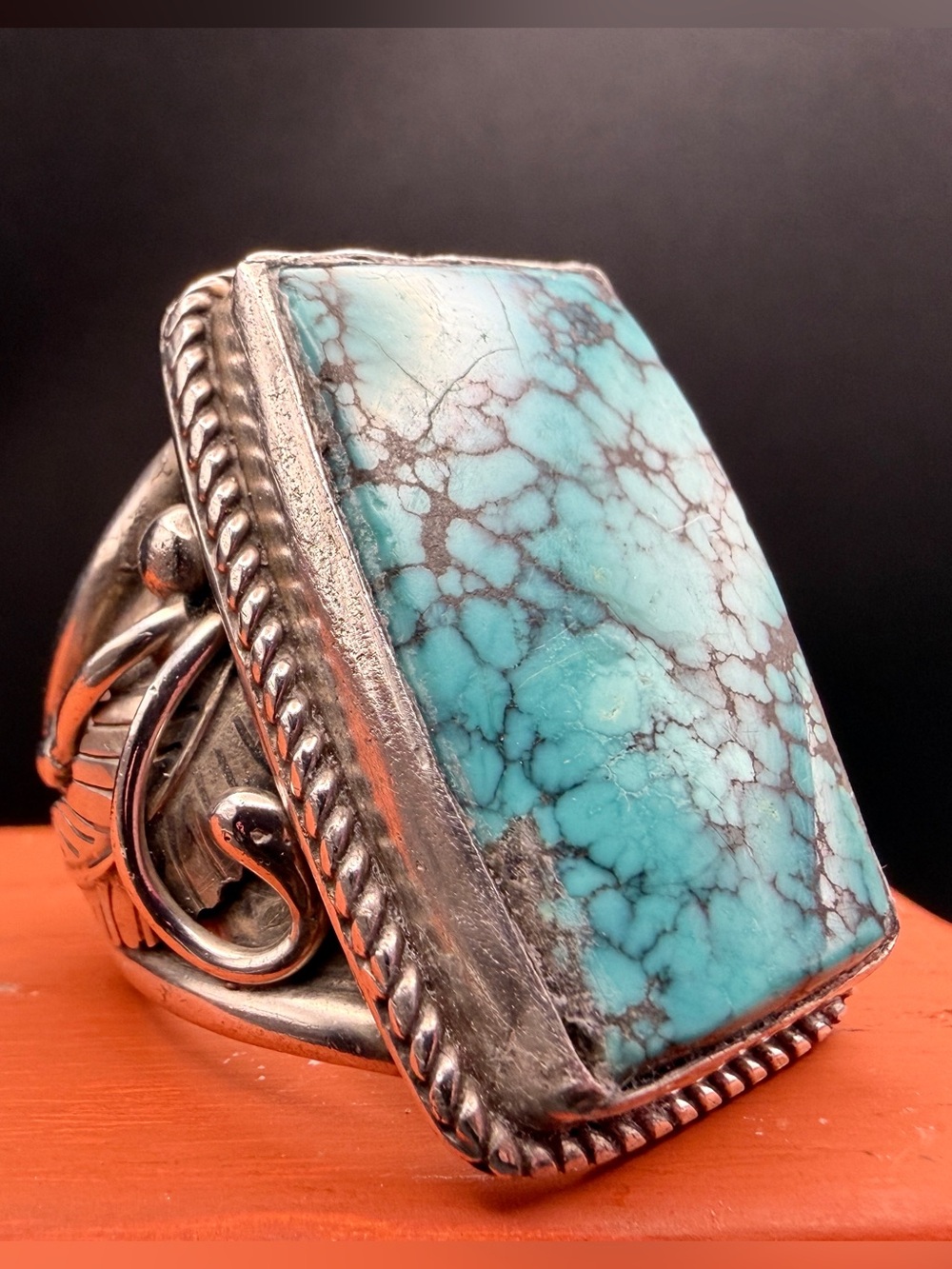Sandy Sangster Navajo Sterling Statement Ring Sz 11 Turquoise Spiderweb Native